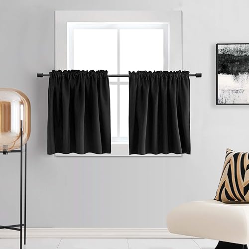 DONREN Cortinas de 30 pulgadas de largo - 2 paneles blackout con aislamiento térmico, cortinas pequeñas para baño con bolsillo para varilla (Negro,