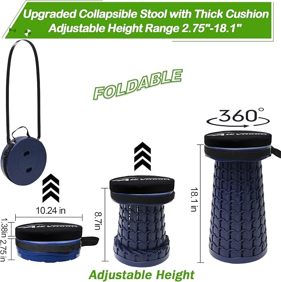 ALEVMOOM Upgraded Collapsible Stool with Thickened Cushion 18.1,600Lbs Max Weight Wider & Taller Pop Up Stool, Heavy Duty Portable Retractable Folding Chair or Travel Foot Rest for Camping & Outdoors