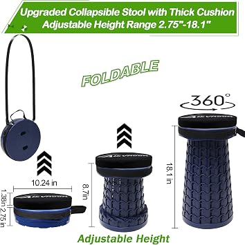 ALEVMOOM Upgraded Collapsible Stool with Thickened Cushion 18.1,600Lbs Max Weight Wider & Taller Pop Up Stool, Heavy Duty Portable Retractable Folding Chair or Travel Foot Rest for Camping & Outdoors