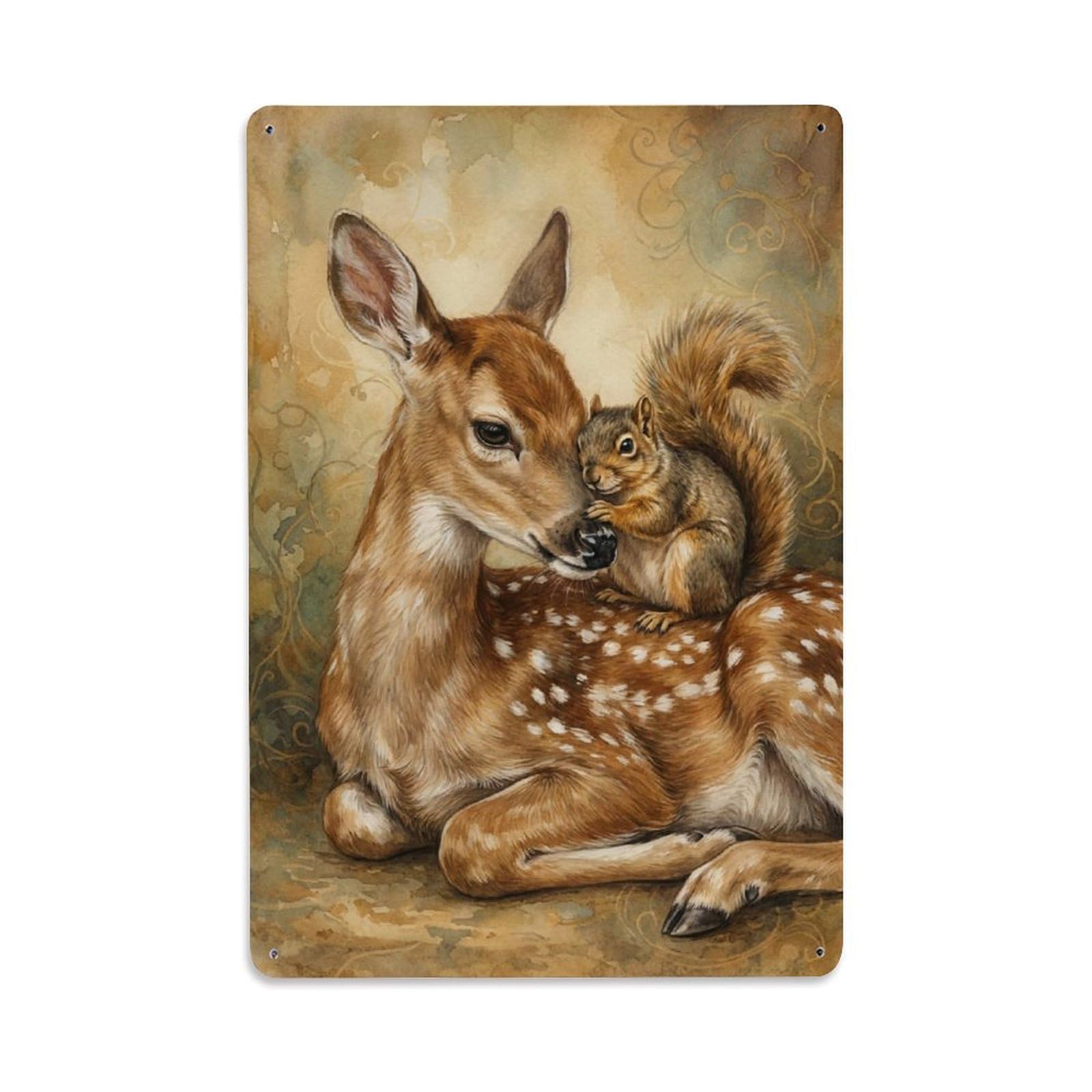 Metal Tin Sign Vintage Animal Cute Fawn & Squirrel Animal Friendship
