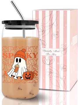 Halloween Tumbler Boo Basket Stuffers, Halloween Gifts for Women Teens Kids, Fall Cups Glass Coffee Mug with Lid & Straw 16 oz, Spooky Cute Pumpkin Ghost Gifts Fall Basket Stuffers Drinking Glasses