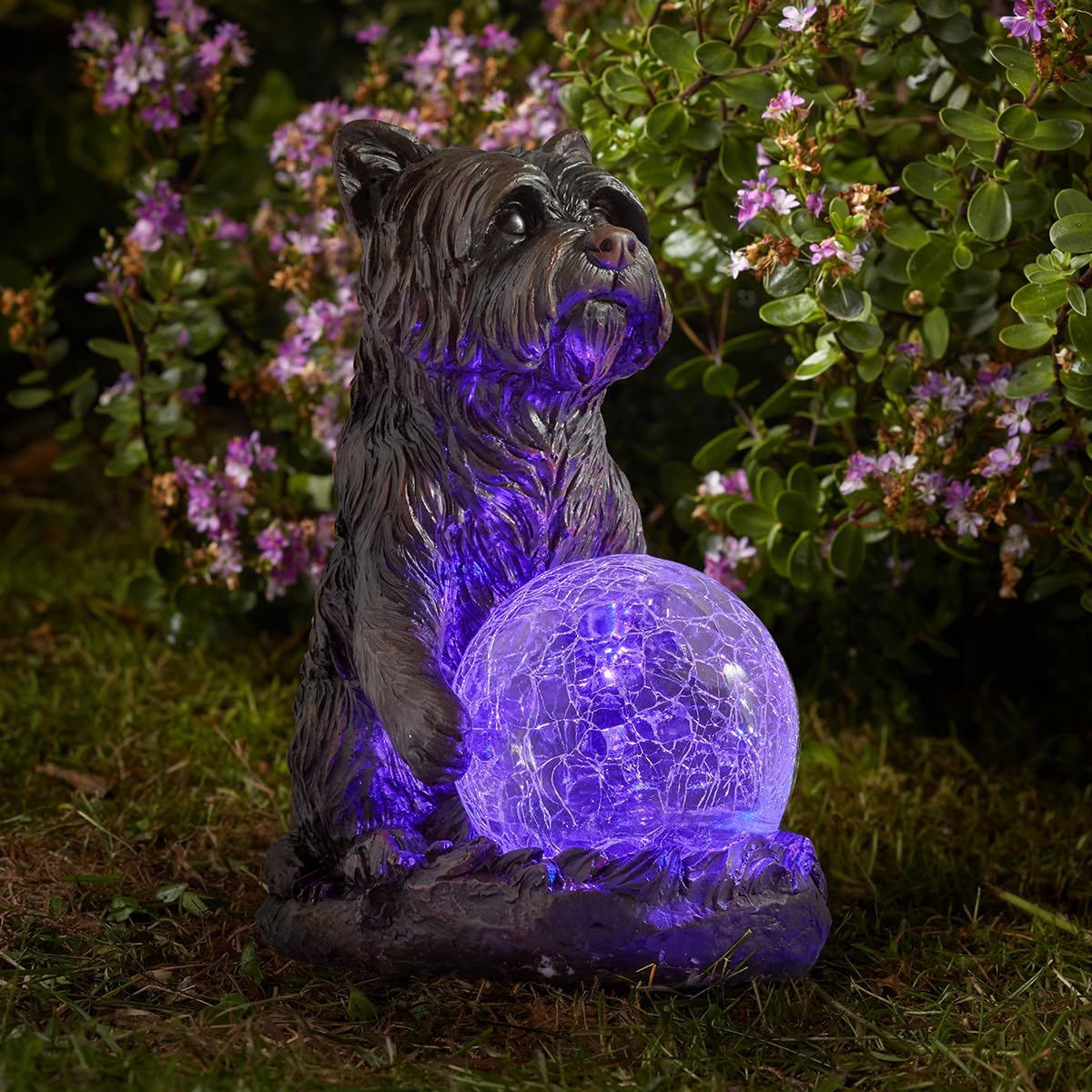 Festive Lights - 19.5cm Solar Magical Dog Garden Light with Crackle Glass Ball - White & Colour-Changing LED, Weather-Resistant - IP44 Outdoor Resin Ornament for Lawn & Pathways