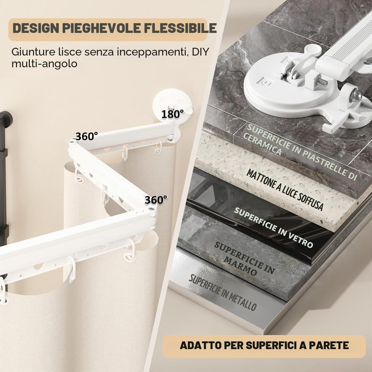 Asta per tenda da doccia pieghevole a parete con ventose senza punzonatura a 360 °, asta per tenda da doccia pieghevole per bagno, vasca da bagno, portabiancheria retrattile, 4 pieghe, 137,2 cm