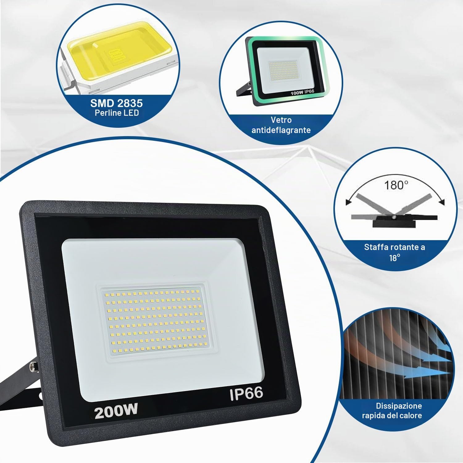 200W Faretto LED da Esterno, Super Luminosa 20000LM Faro LED Esterno Impermeabile IP66, 6500K Bianco Freddo Faretti LED, per Giardino, Cortile, Garage, Pareti