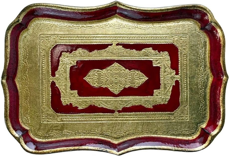 Florentine Carved Wood Rectangle Scalloped Mini Tray – Handmade in Italy Decorative Serving Platter – Heat Resistant & Artisan Crafted, Gold