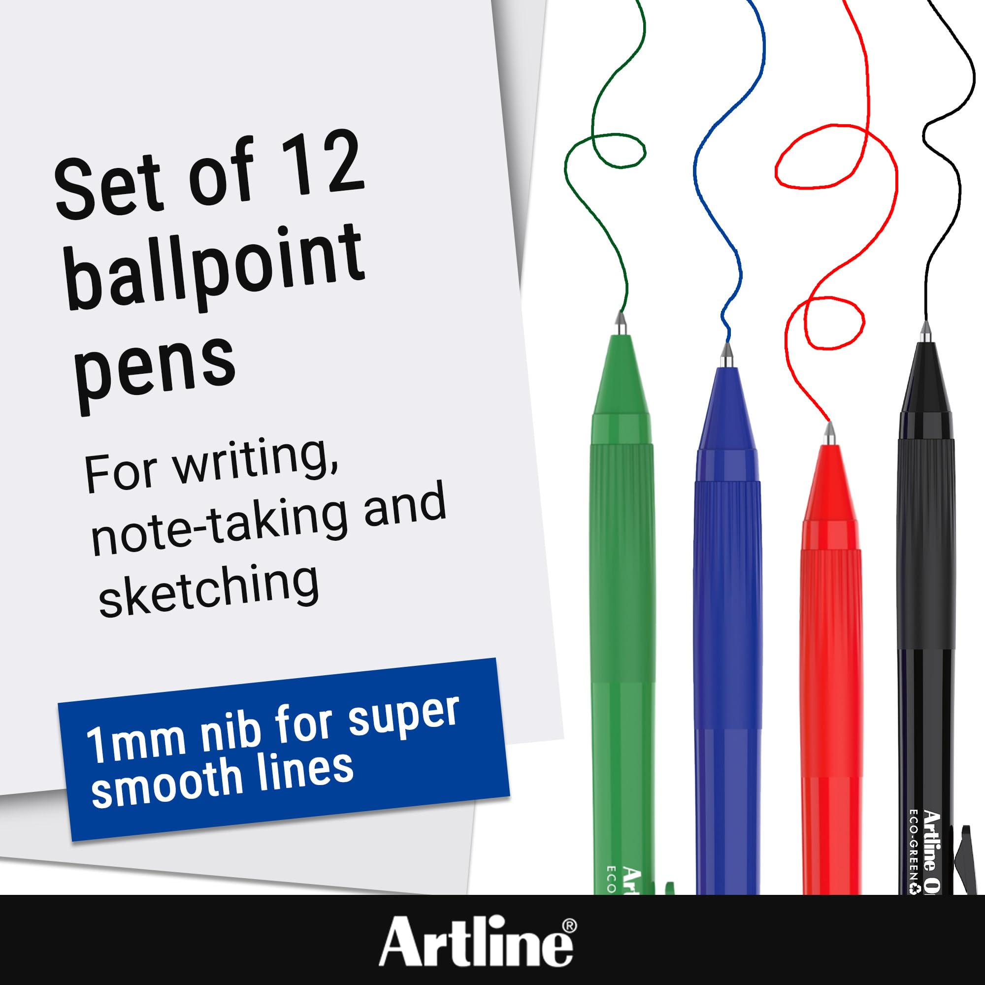 Artline Eco Orb Blue Ballpoint Pens (Pack of 12) Super Smooth Pen with 1mm Nib, Sturdy Pocket Clip, Cushion Grip, Retractable - Genuine Stationery Supplies - Image 2