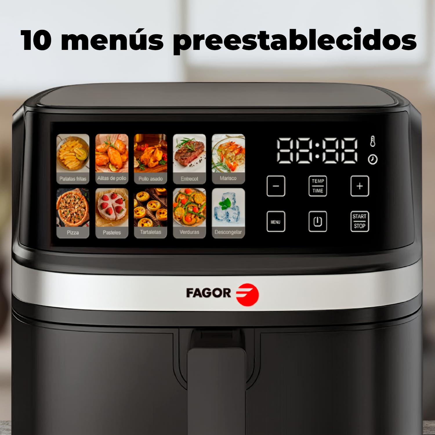 FAGOR Naturfry Luxe Freidora de Aire 8L 2200W - Air Fryer Doble Resistencia (Dual Heat) Sin Girar Alimentos, Pantalla Táctil 10 Programas, 80-200ºC, Gran Capacidad Familiar, Libre de BPA, Negro