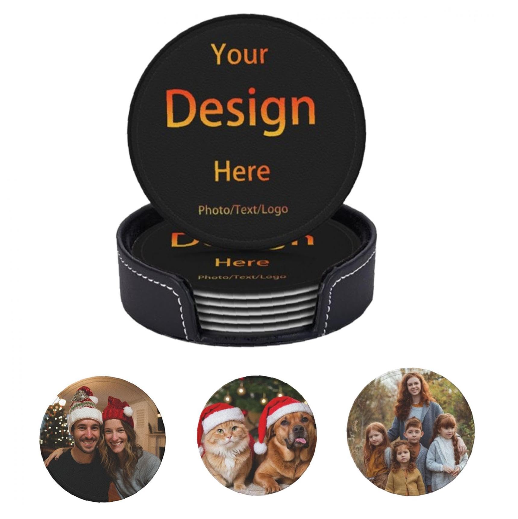 6 Personalisierte Leder-Untersetzer Set - Mit Name, Foto Oder Logo