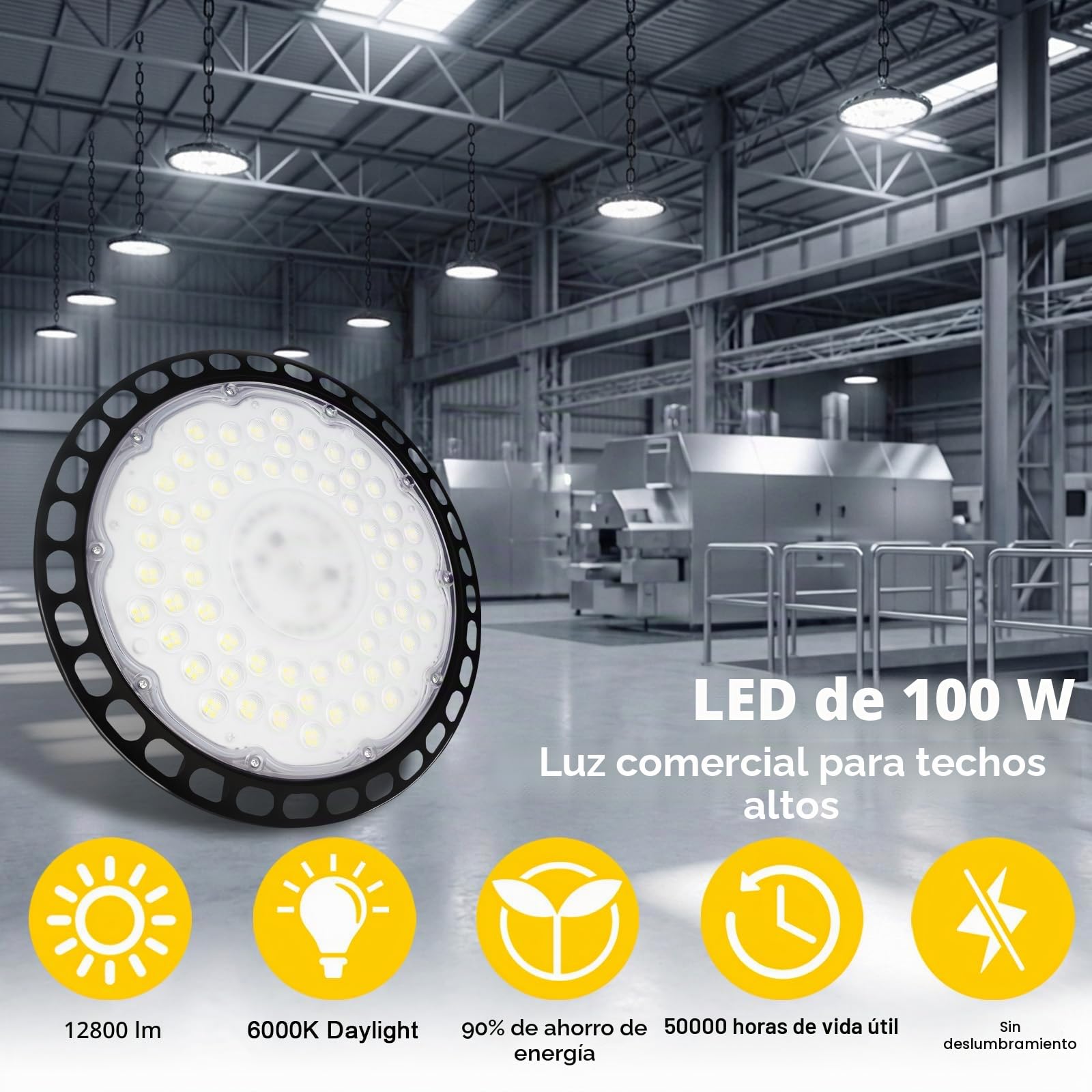 UFO LED Lámpara de Alta Bahía 100W, 12800LM Focos Led Interior Techo, 6000K Lámpara Alta Bahía, Iluminación Impermeable IP66 Campana LED Industrial para Fábrica, Garaje, Taller 4PCS