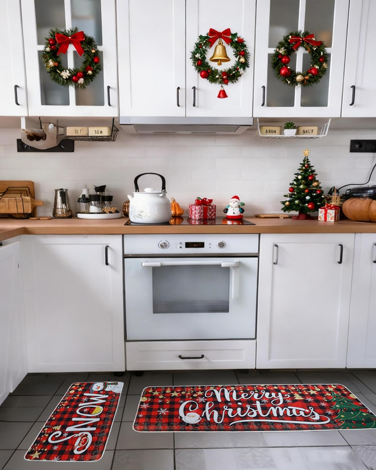 Christmas Kitchen Mats Set of 2, Christmas Decorations Snowman Tree Christmas Kitchen Decor, Non-Slip Winter Washable Kitchen Mats for Floor,Home, Bathroom, Living Room, Doorway,17"x27+17"x47"