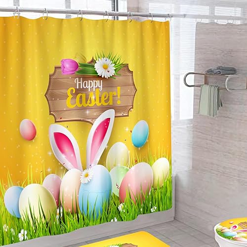 Miniatura 6 de DDS-DUDES Juego de cortinas de ducha de Pascua, divertidos huevos de Pascua y huevos azules para decoración de baño, cortinas de tela impermeable