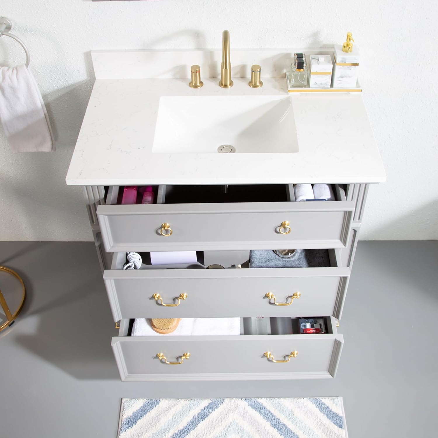 WELLFOR 36" Floor Freestanding Bathroom Vanity and Sink Combo, No Assembly Required Wood Bathroom Makeup Cabinet W/ 3 Drawers, Vanity Storage Organizer and Marble Countertop Set (Titanium Grey)