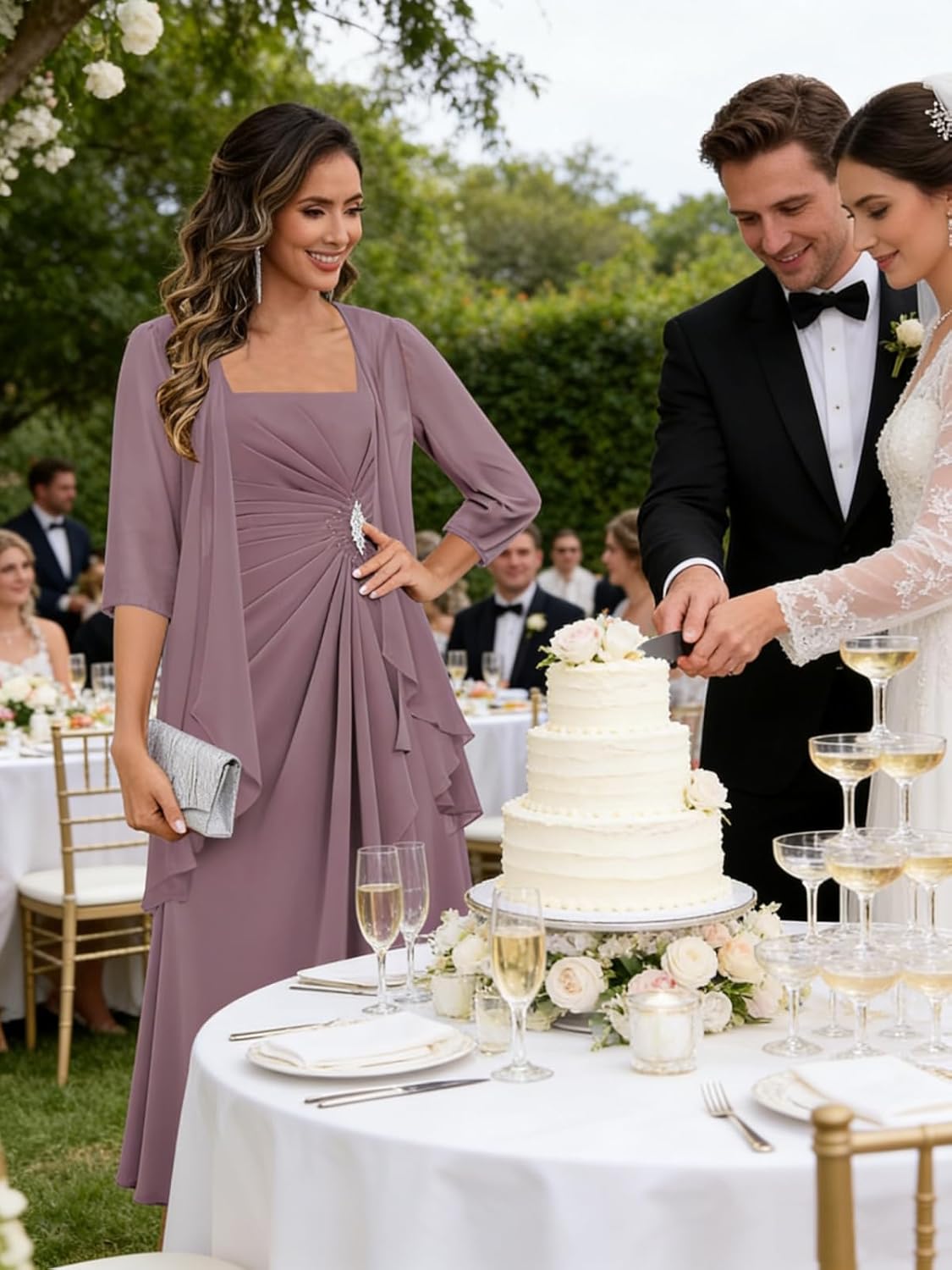 2 Pieces Chiffon Mother of The Bride Dresses for Women Ruffle Formal Evening Gowns with Jacket - Image 2