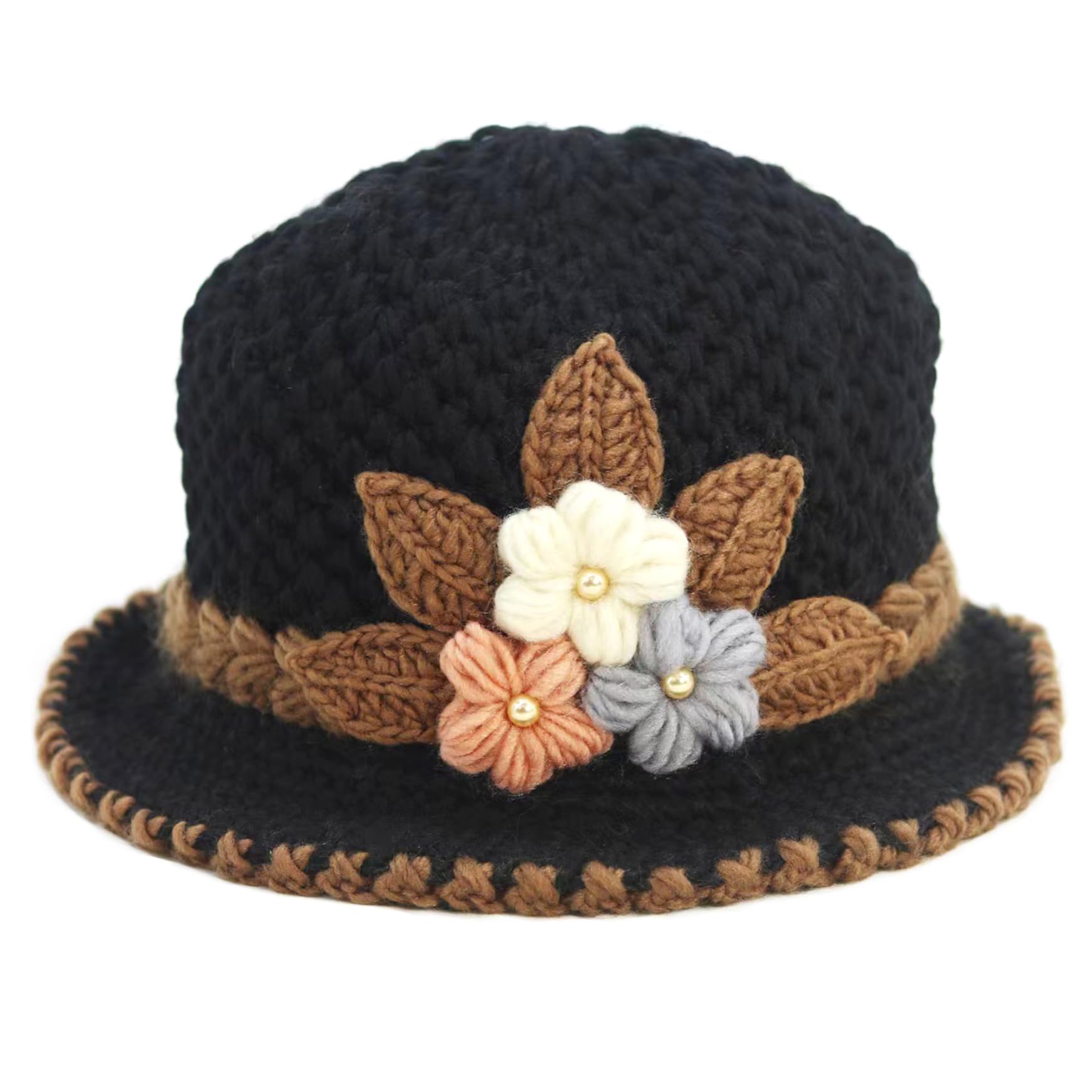 Crochet Hat Black Knit Hat Lady French Thicken Crochet Hats for Women Soft & Warm Beanie with Flower Comfortable Womens Knitted Beanies for Winter Outdoor