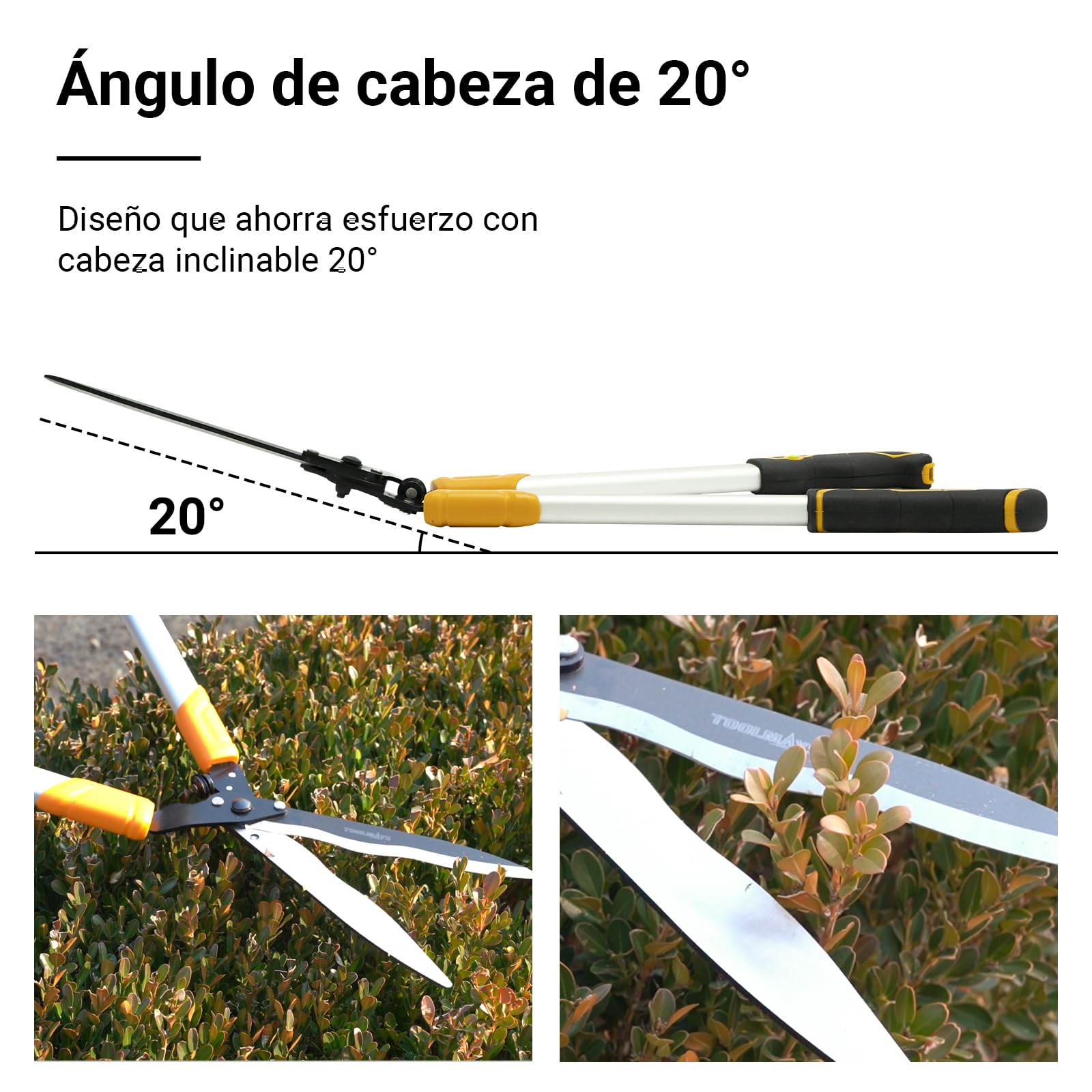 Cortasetos de 78 cm, tijeras de jardín con sierra de mano de 21 cm, tijeras profesionales para setos de jardín manuales con diseño de cabeza en ángulo de 20 °