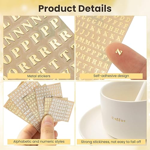 Miniatura 3 de EORTA 6 hojas de calcomanías de letras y números del alfabeto de 4,5 mm, mini calcomanías de letras brillantes de aleación autoadhesivas para