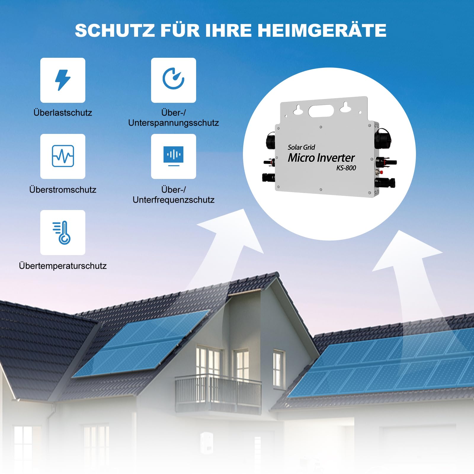 Mikro-Wechselrichter 800W mit AC-Kabel, MPPT Solar-Netzeinspeisung, Plug & Play, WiFi APP Überwachung, für Balkonkraftwerk