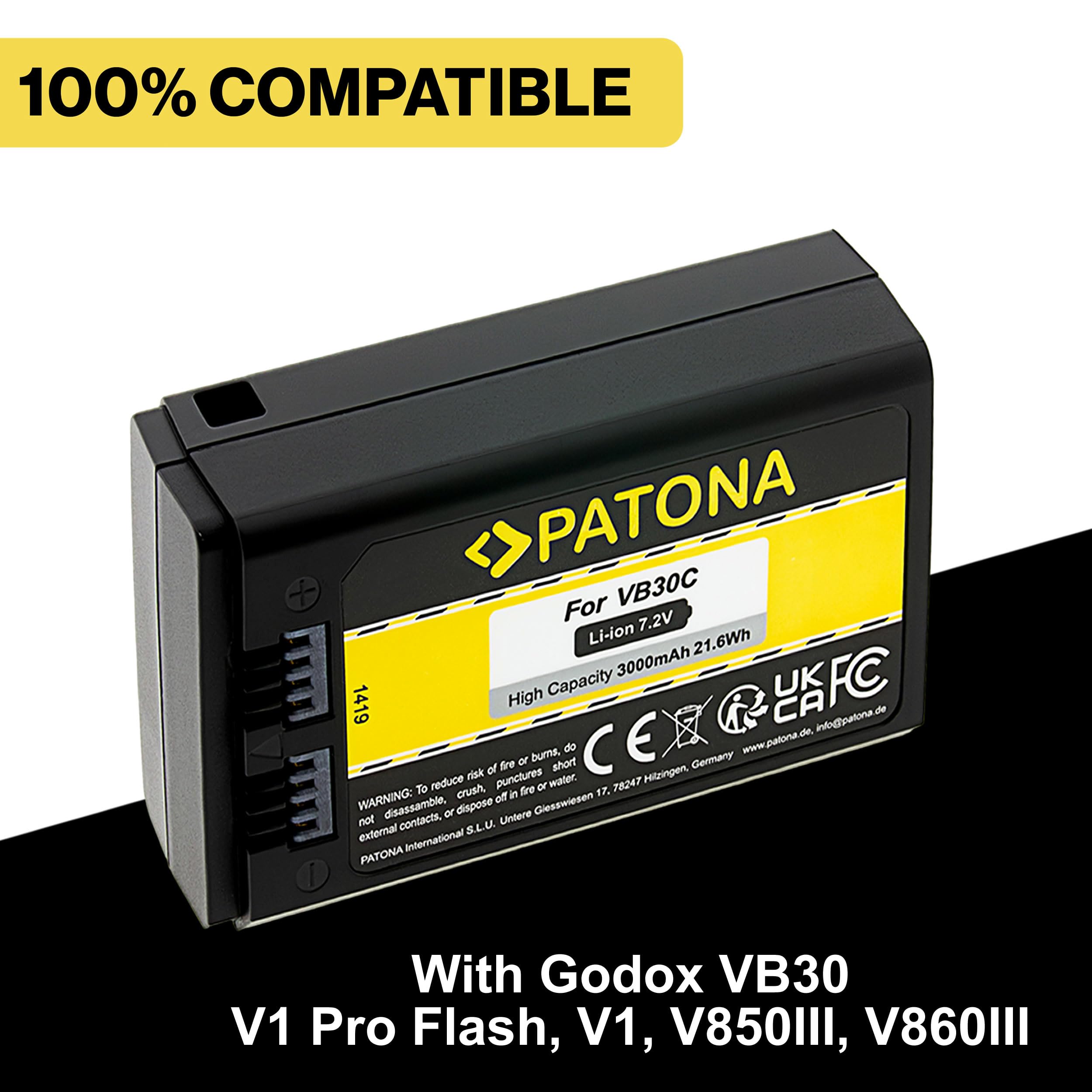 PATONA VB30 Batería 3000mAh con Carga USB-C – sustituye Godox VB30 – para Flashes Godox V1, V1 Pro, V850III, V860III, AD100Pro, WB100 – más Destellos por sesión, Carga sin Cargador