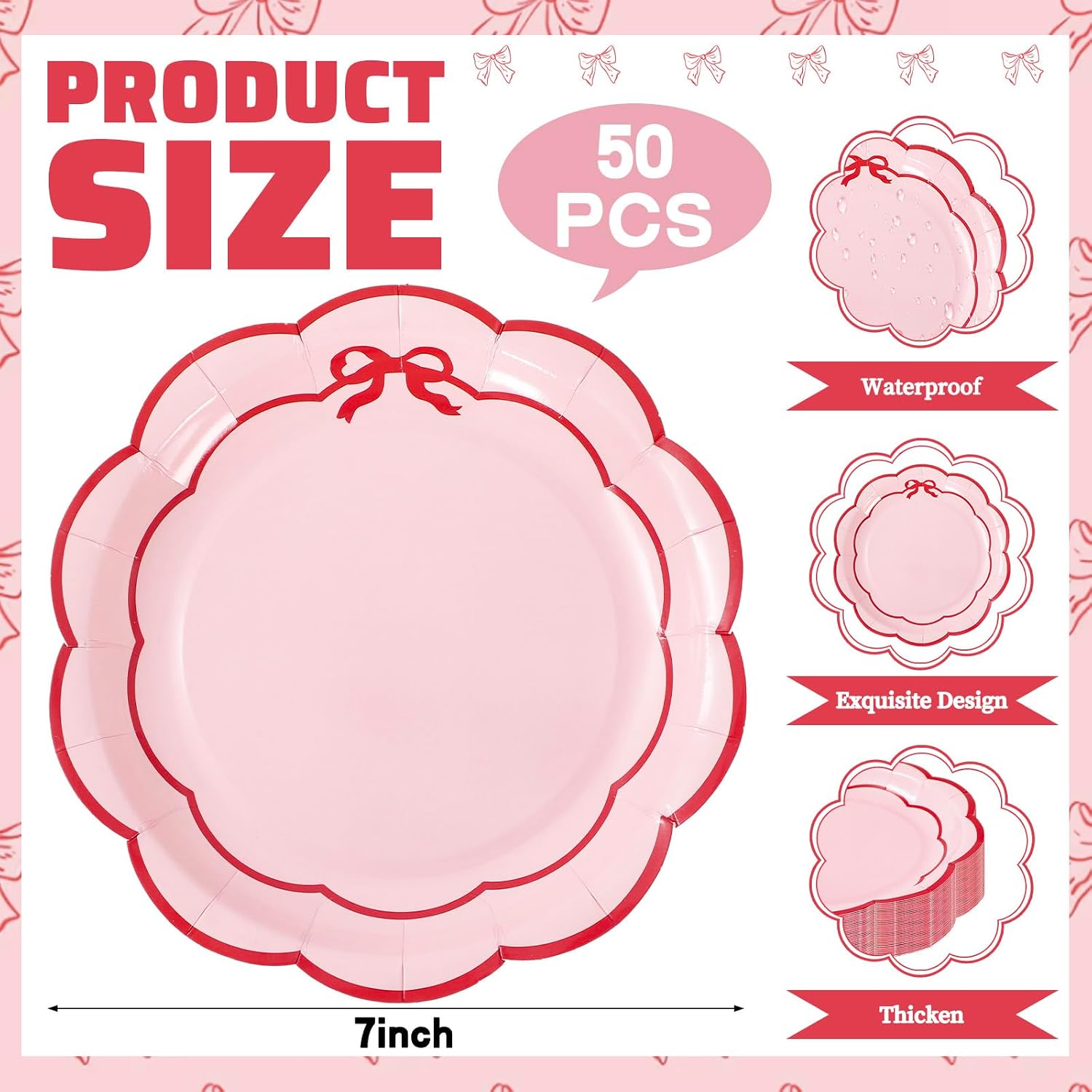 JarThenaAMCS 50 Pcs Scalloped Paper Plates 7 Inch Pink Plates with Red Bow Trim Disposable Decorative Plate for Christmas Baby Bridal Shower Wedding Birthday Party Supplies image 2