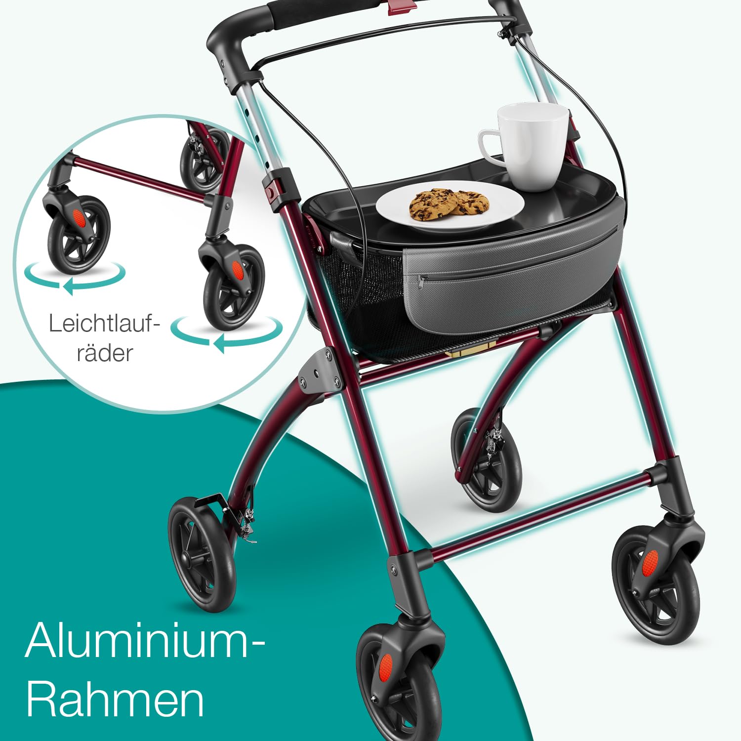 ELONEO Wohnungsrollator 54cm breit, faltbar und leicht, inkl. Tablett & Stoffkorb, Rollator schmal für die Wohnung, Indoor-Rollator, klappbar, Aluminium,Mobilität für Zuhause rot