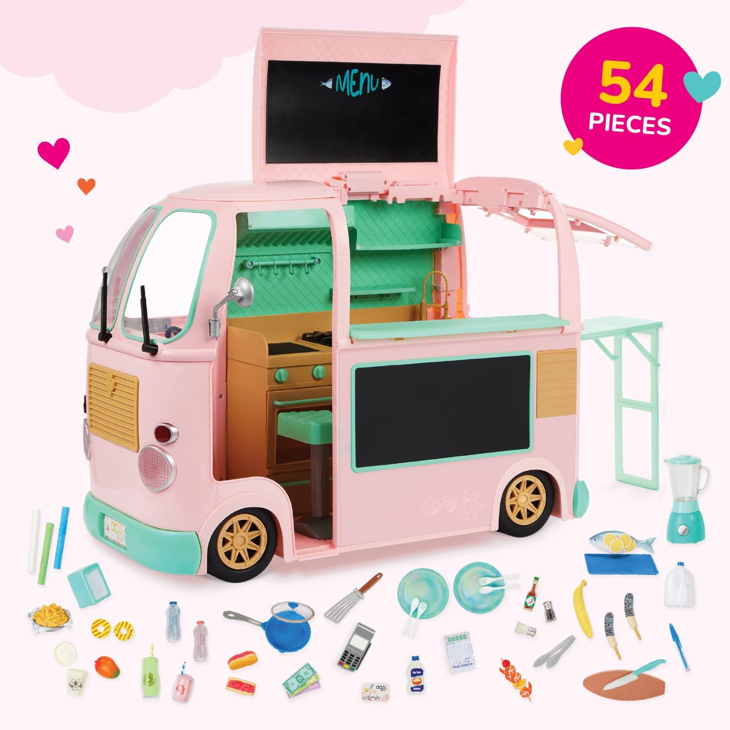 Our Generation – 50+ Realistic Accessories – Chalkboard Menu Boards – Cooking Areas with Oven & Grill – Kids Ages 3 Years Old + – On the Move Food Truck