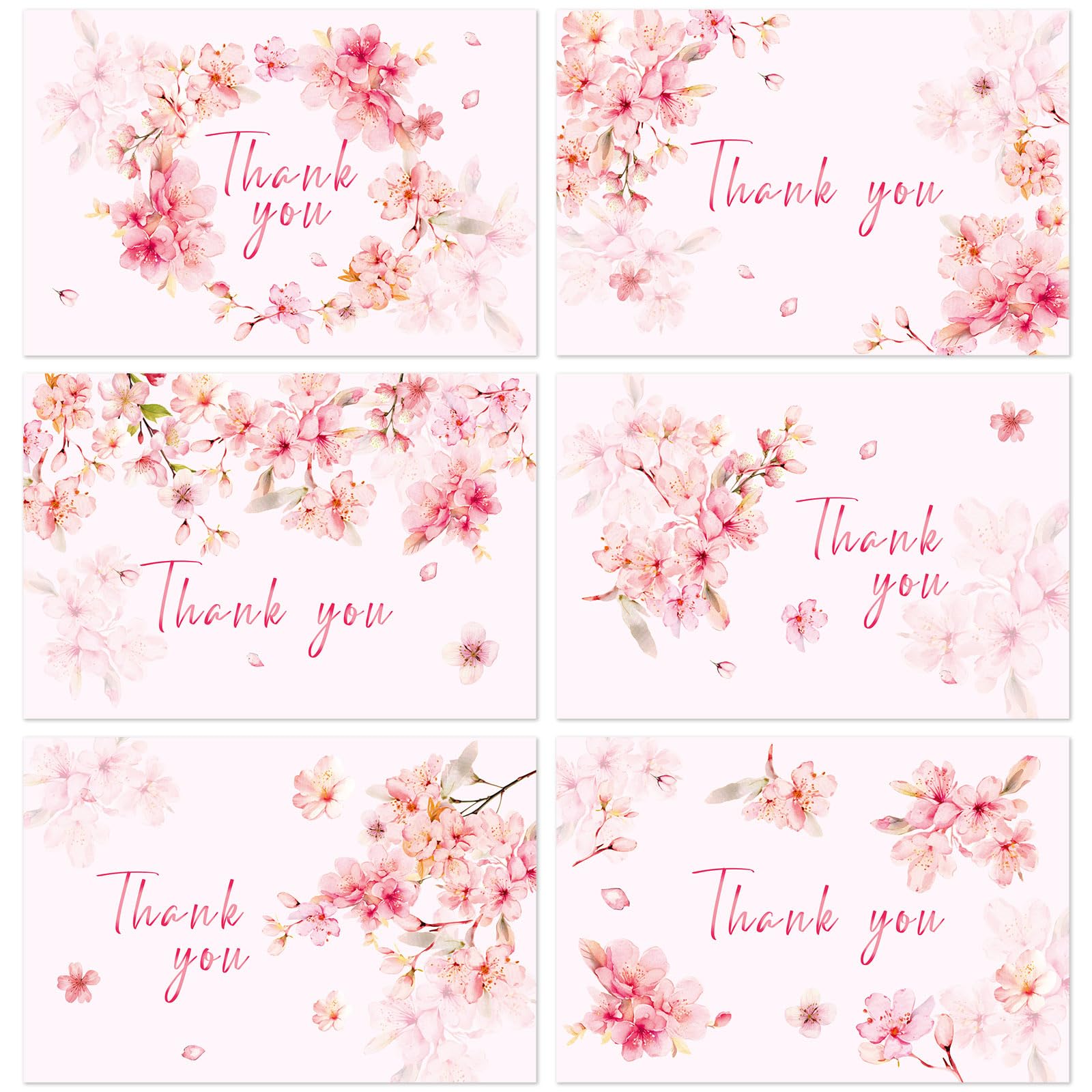 FYSUIMU 24 Pack Cherry Blossoms Greeting Cards Watercolor Floral Note Cards Pink Flower Blank Thank You Card with Envelopes Stickers for Bridal Baby