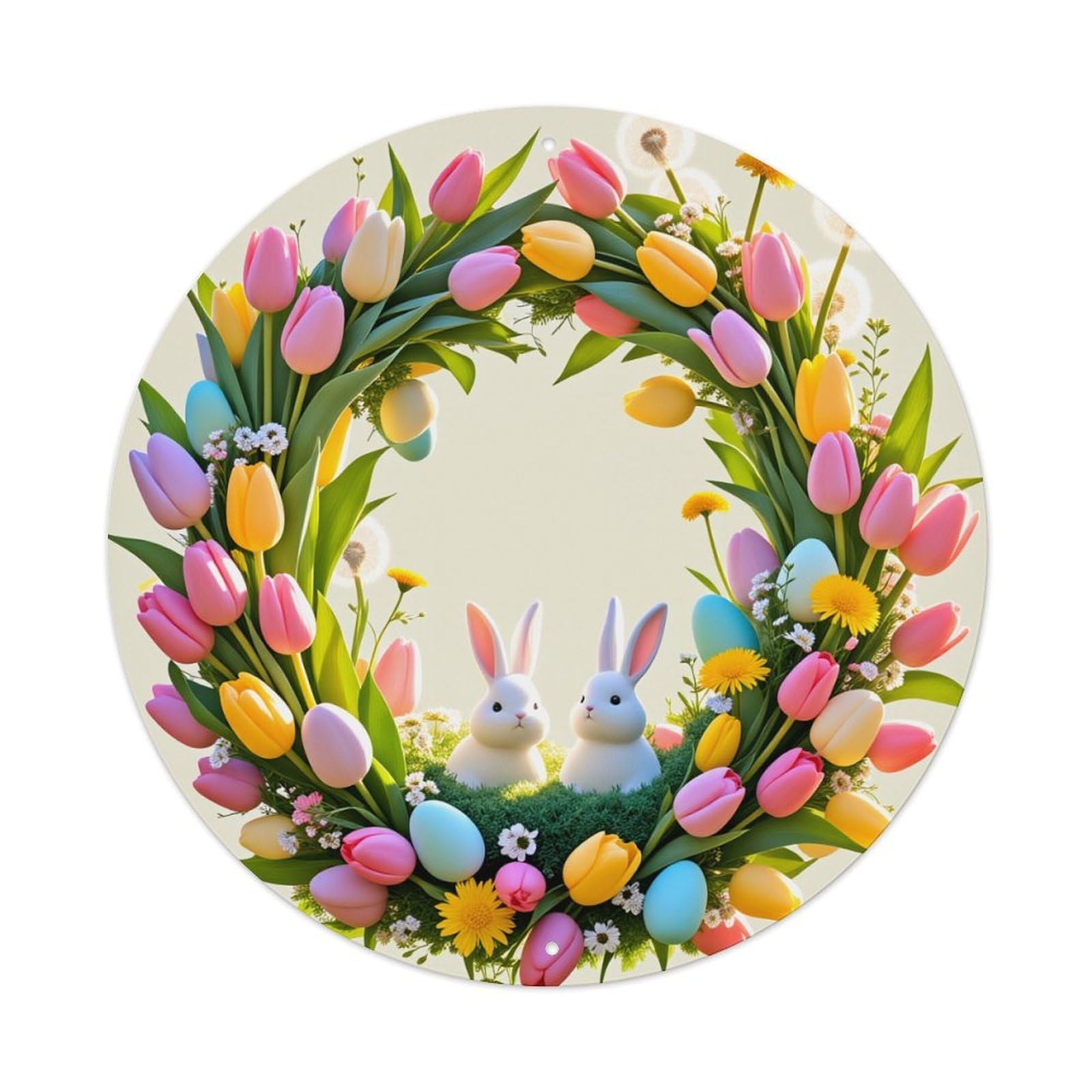 Easter Wreath With Two Bunnies Round Tin Sign Vintage Metal Sign Home Bar Garden Indoor & Outdoor Wall Decor Retro Metal Poster 8x8 Inch