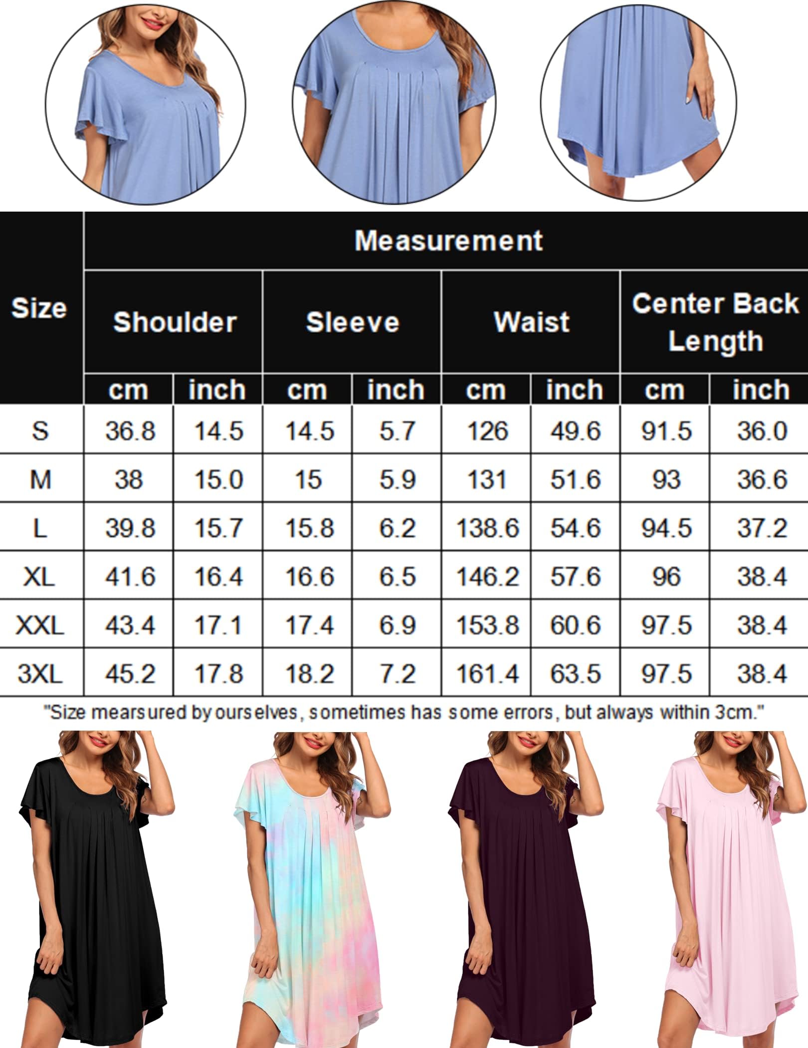 Ekouaer Nachthemd Damen Sleepshirt Kurzarm Nachtwäsche Kurz Schlafshirt Oversize Bigshirts, S-3XL