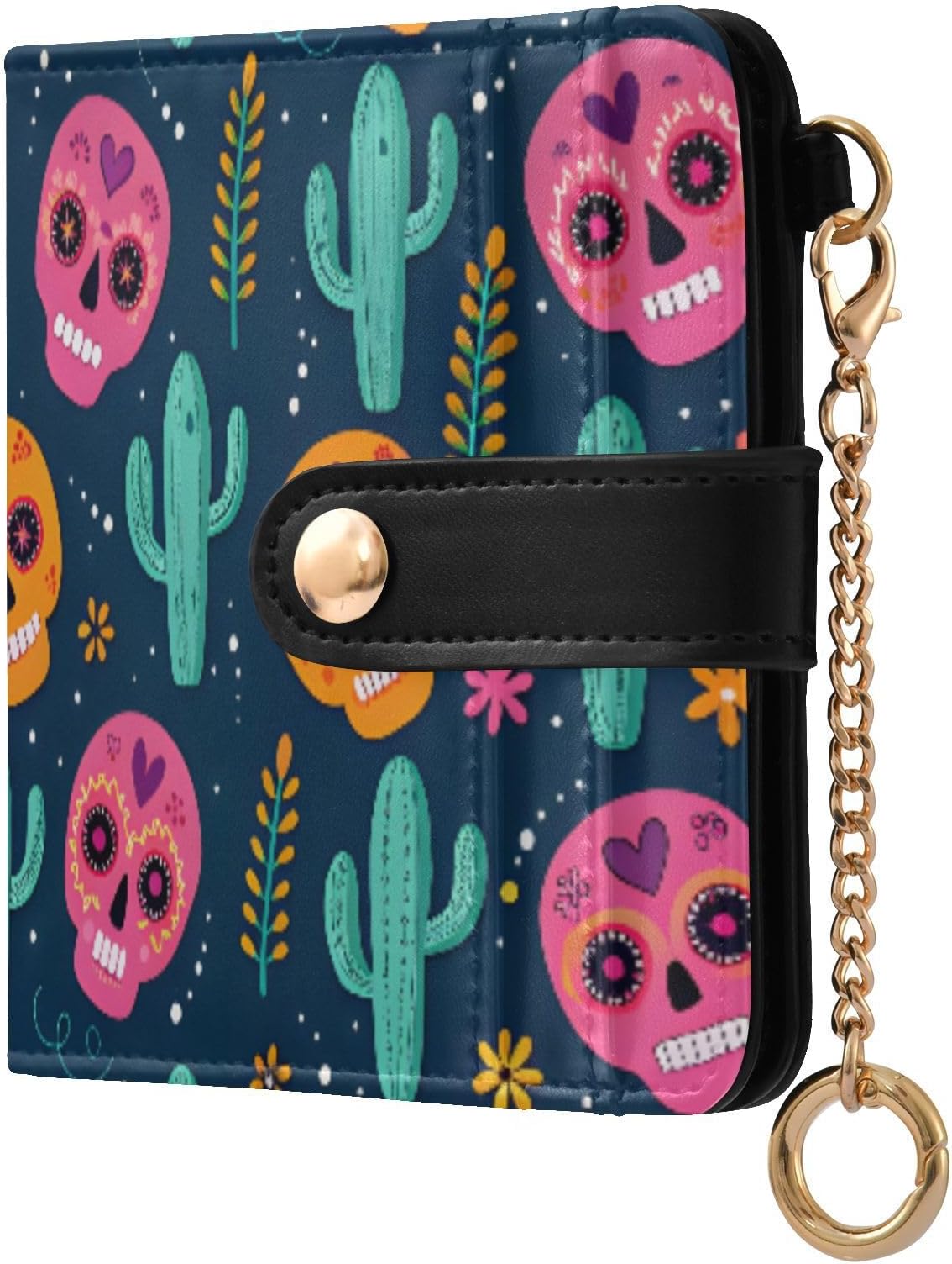 Rfid Women Wallet Mexican Party Sugar Skulls Slim Credit Card Wallet Travel Bifold Zipper Coin Pocket, PU Leather
