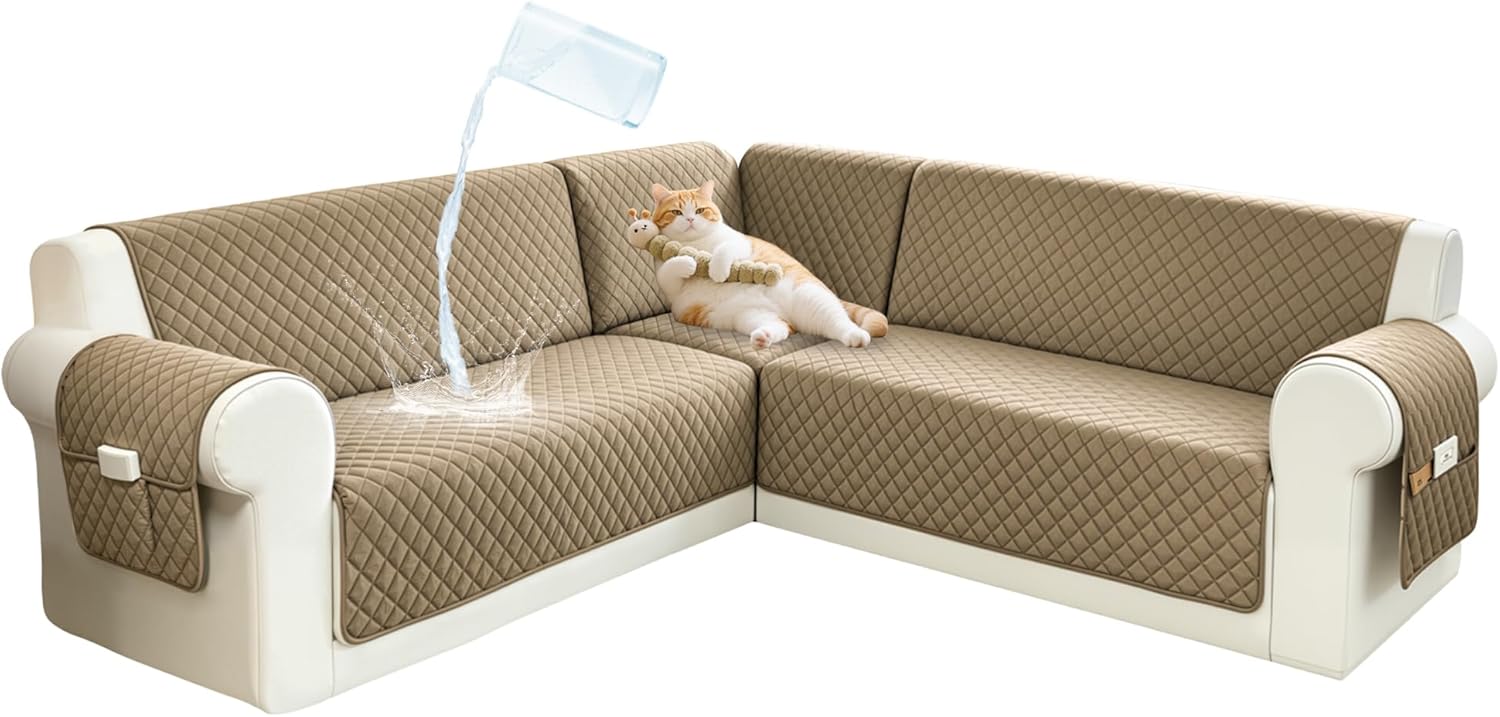 Sectional Couch Covers for Dogs 100% Waterproof Corner L Shaped Sofa Cover Pet Friendly Velvet Washable Anti Slip L Shape Modular Sofa Slipcover Protector with Pockets (Camel, XX-Large)