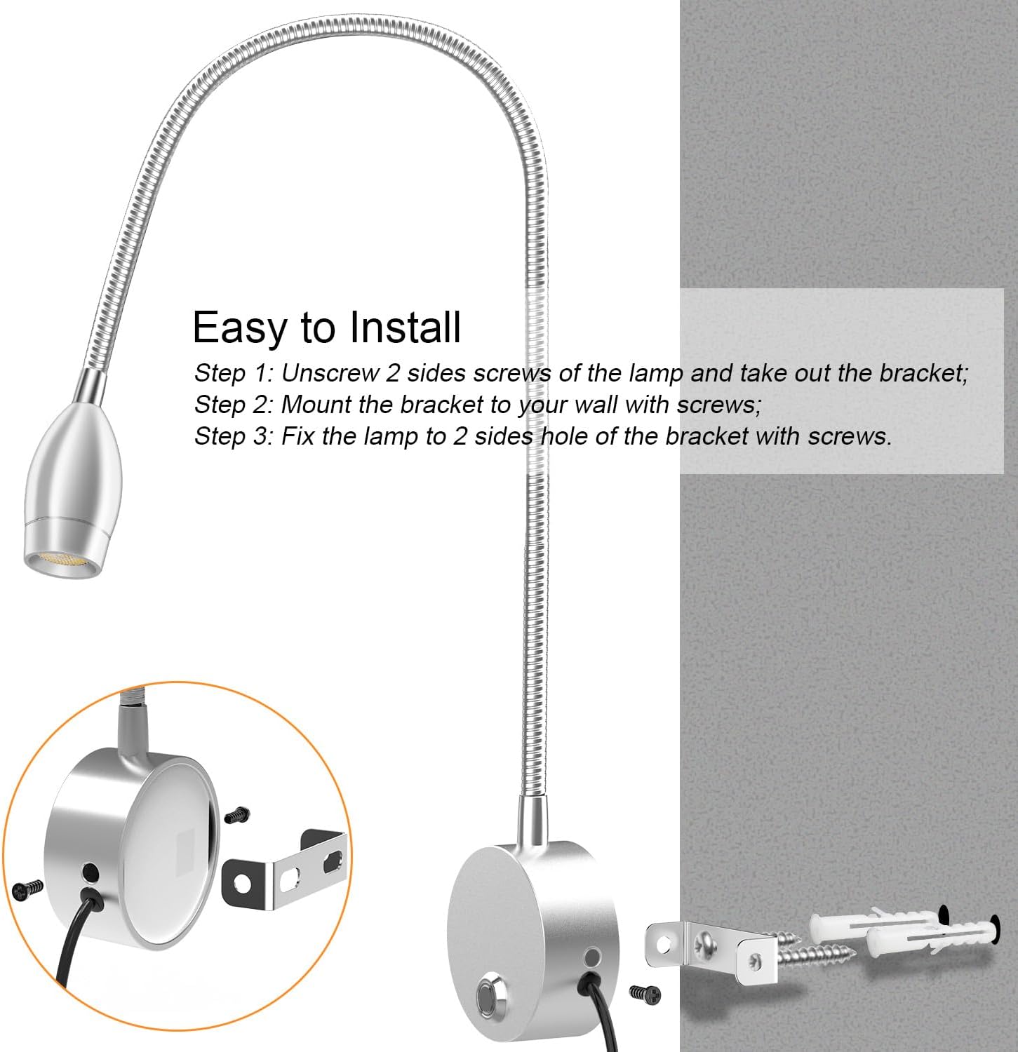 Wall Mounted LED Reading Light with 360° Flexible Gooseneck, Dimmable Bedside Reading Lights for Books In Bed, Plug In Headboard Night Lights, Eye-Caring, 3 Colors Temperature, Touch Control-2 Pack