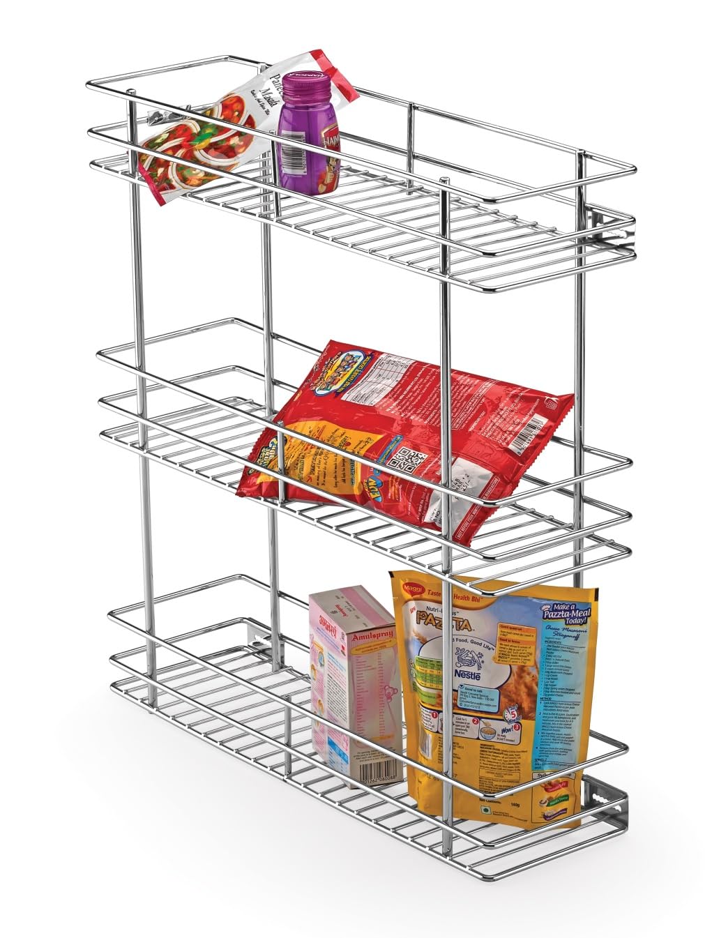 3-Tier Stainless Steel Bottle Pull Out Basket for Modular Kitchen/Kitchen Cabinet Drawer/Multipurpose Container Shelf Organizer/Kitchen Trolley (12x16x21)-image-38