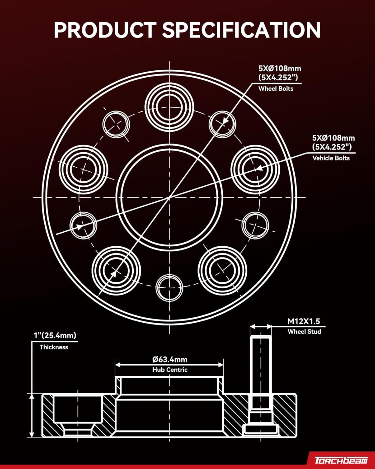 Torchbeam 5x108 Wheel Spacers 1 inch, Hub Bore 63.4 mm, Thread Pitch M12x1.5, Spacers for Focus, Escape, Fusion, Bronco Sport, Taurus, Transit Connect, C-Max, MKZ, Corsair, Thunderbird, Hubcentric