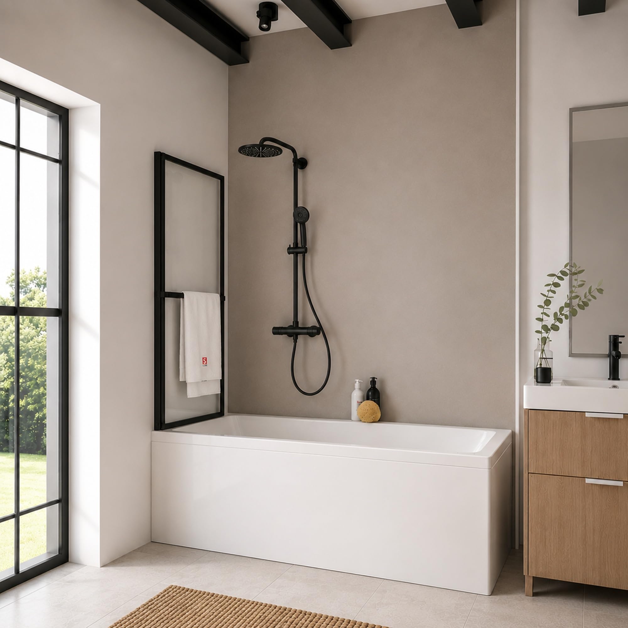 Schulte pare baignoire 70x140 sans percer noir réversible porte-serviettes | à coller rabattable à 180° verre trempé 3 mm