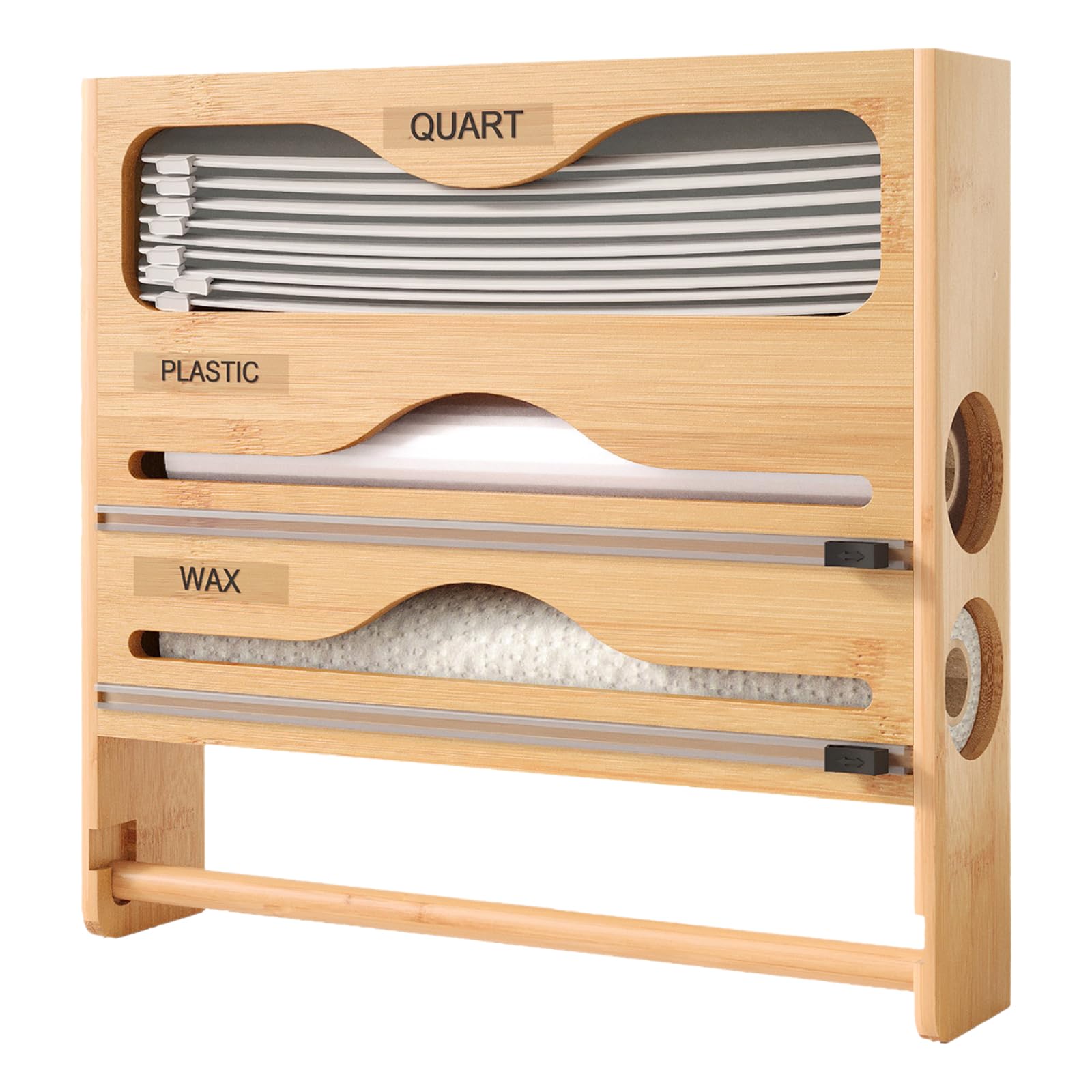 Dispenser per fogli e taglierina, organizer per rotoli da cucina, dispenser di pellicola trasparente con supporto per rotolo, soluzione salvaspazio per pergamena e foglio di alluminio