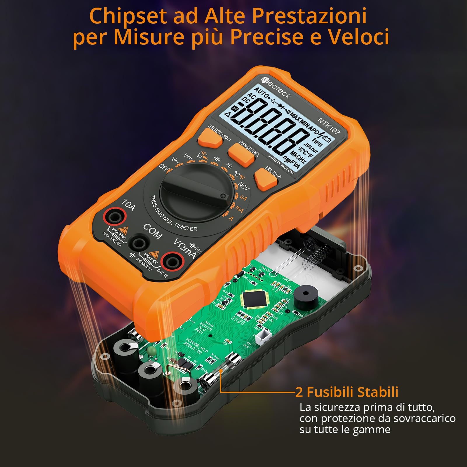Neoteck Multimetro Digitale 2000 Conteggi AC DC Corrente Tensione Resistenza Capacitanza NCV Frequenza Temperatura Digital Multimeter Con Display LCD Tester Multimetro con Clip a Coccodrillo
