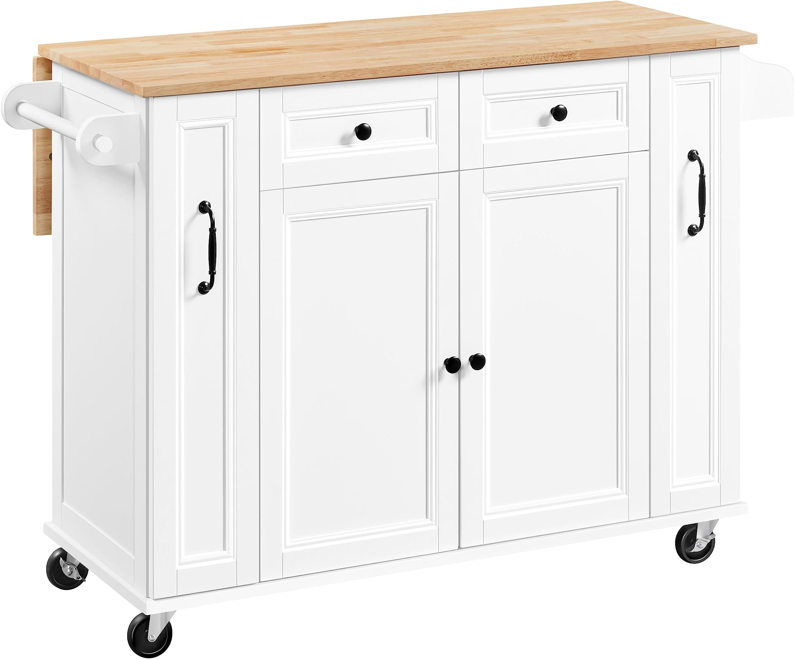 costoffsKitchen Trolley with Drop-Leaf Breakfast Bar, Kitchen Cart with Rubberwood Top, Rolling Kitchen Island with Storage Cabinet & 2 Drawers & 2 Side Pull-Outs & Spice Rack for Dining Room, White