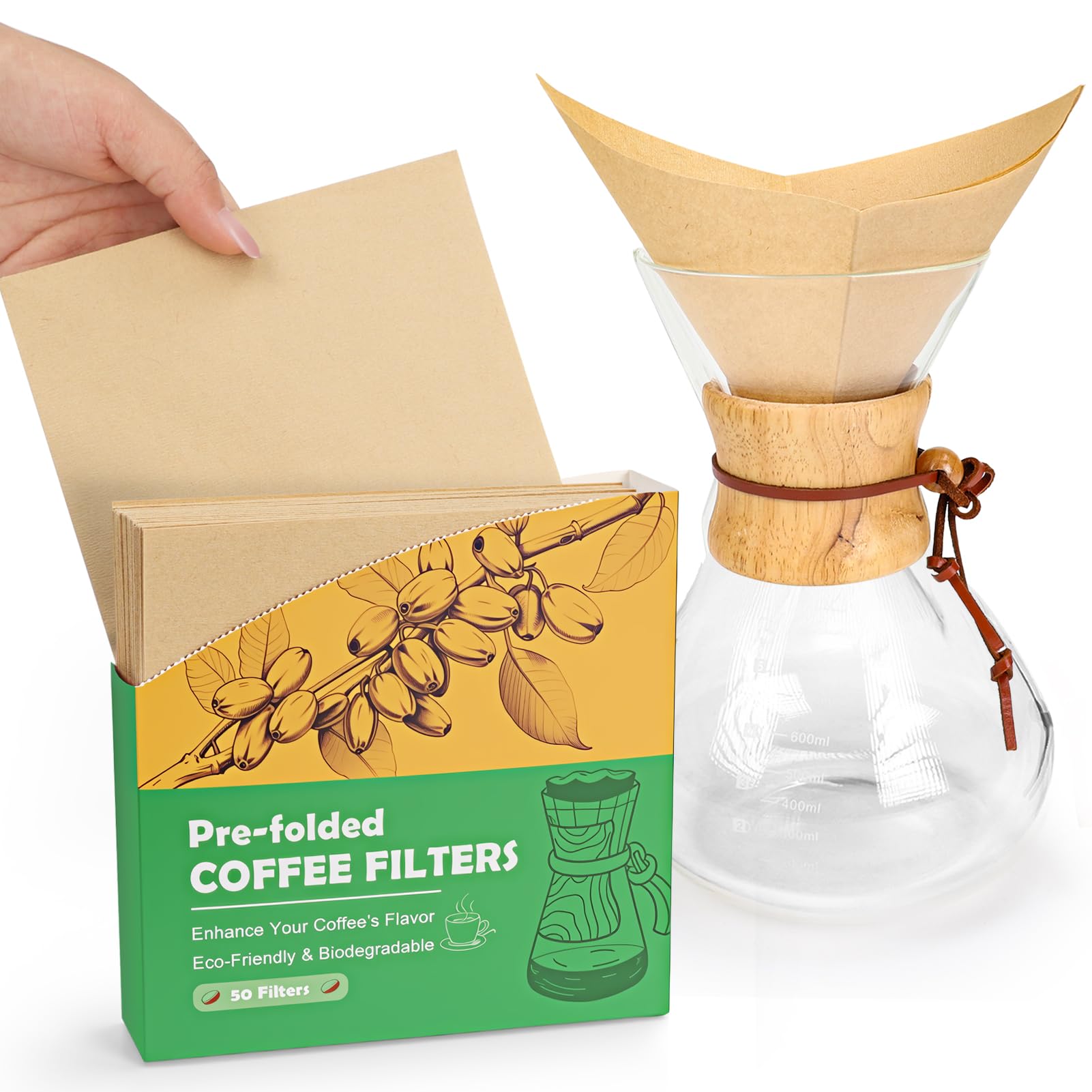 Filtres à café pré-pliés BYKITCHEN | 50 filtres carrés jetables en papier non blanchi pour cafetière