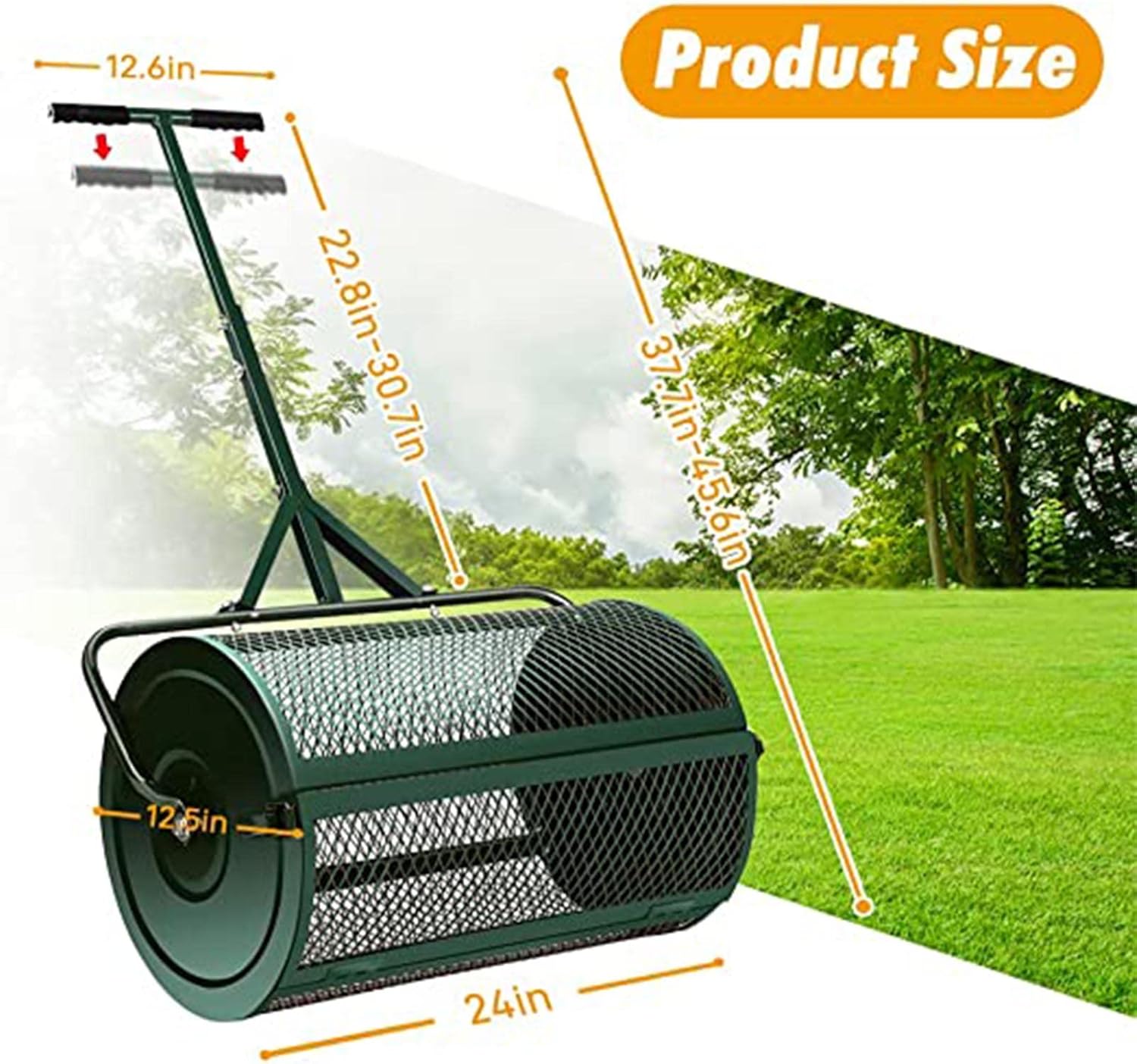 24" Compost Spreader, Peat Moss Spreader, Lightweight Metal Mesh Manure Spreader W/Adjustable T Shaped Handle for Planting & Seeding, Fertilizer Spreaders for Lawns Garden,Green