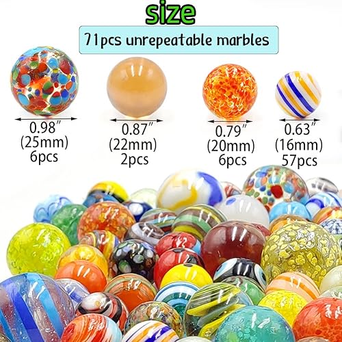 Miniatura 5 de Juego de 71 canicas surtidas para niños hechas a mano grandes y pequeñas canicas de vidrio a granel para juego de mármol, juguete fresco y colorido