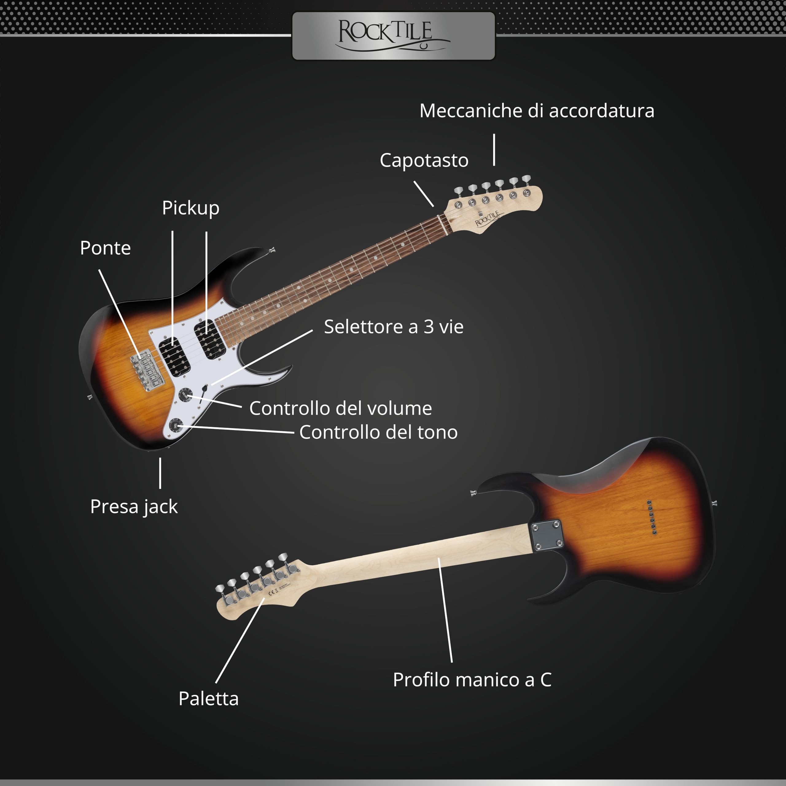 Rocktile Youngster YS-1SB 3/4 Chitarra Elettrica Sunburst, Generale | Modello: YS-1SB, Adatto indicativamente dai 6 ai 12 anni, Peso: 2, 4 kg, Numero di corde: 6, Orientamento: Destrimano, Corpo