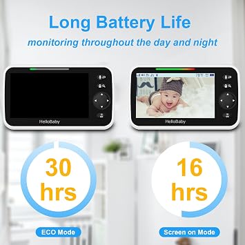 HelloBaby No WiFi Baby Monitor 5 Screen 30-Hour Battery Pan-Tilt-Zoom Video Upgrade with Camera and Audio, Night Vision, VOX, 2-Way Talk, 8 Lullabies and 1000ft Range, HB6550