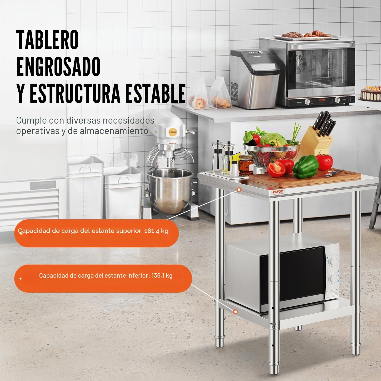 Mophorn Mesa de Preparación de Comida de Acero Inoxidable 60x60x80cm Tabla de Cocina Profesional Capacidad de Carga 750kg Tabla de Trabajo de Cocina de Catering Ajustable para Restaurante Escuela