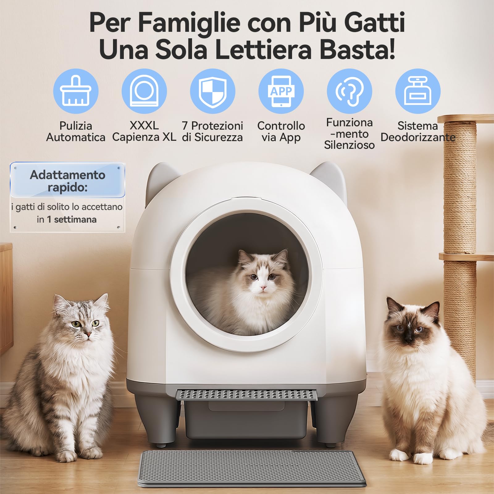 JUMMICO 90L XXL Lettiera Autopulente per Gatti, Intelligente con Controllo tramite App, Sicurezza Antipizzicamento, Monitoraggio della Salute, Doppia Deodorizzazione, Tappetino e Profumo Inclusi, Per