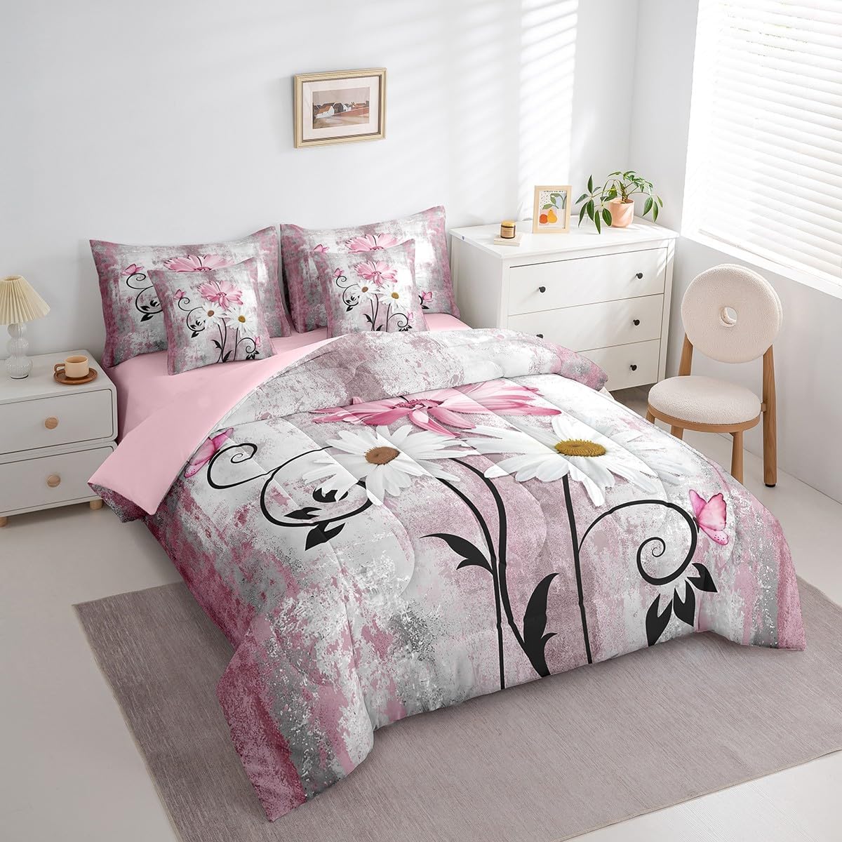 Grey Pink Bed In A Bag Queen Comforter Set 7 Piece,Rustic Farmhouse Bedding Sets for Kids Boys Girls Women Country Daisy Flowers Floral Comforter and Sheets Vintage Wooden Butterflies Ombre Bed Set