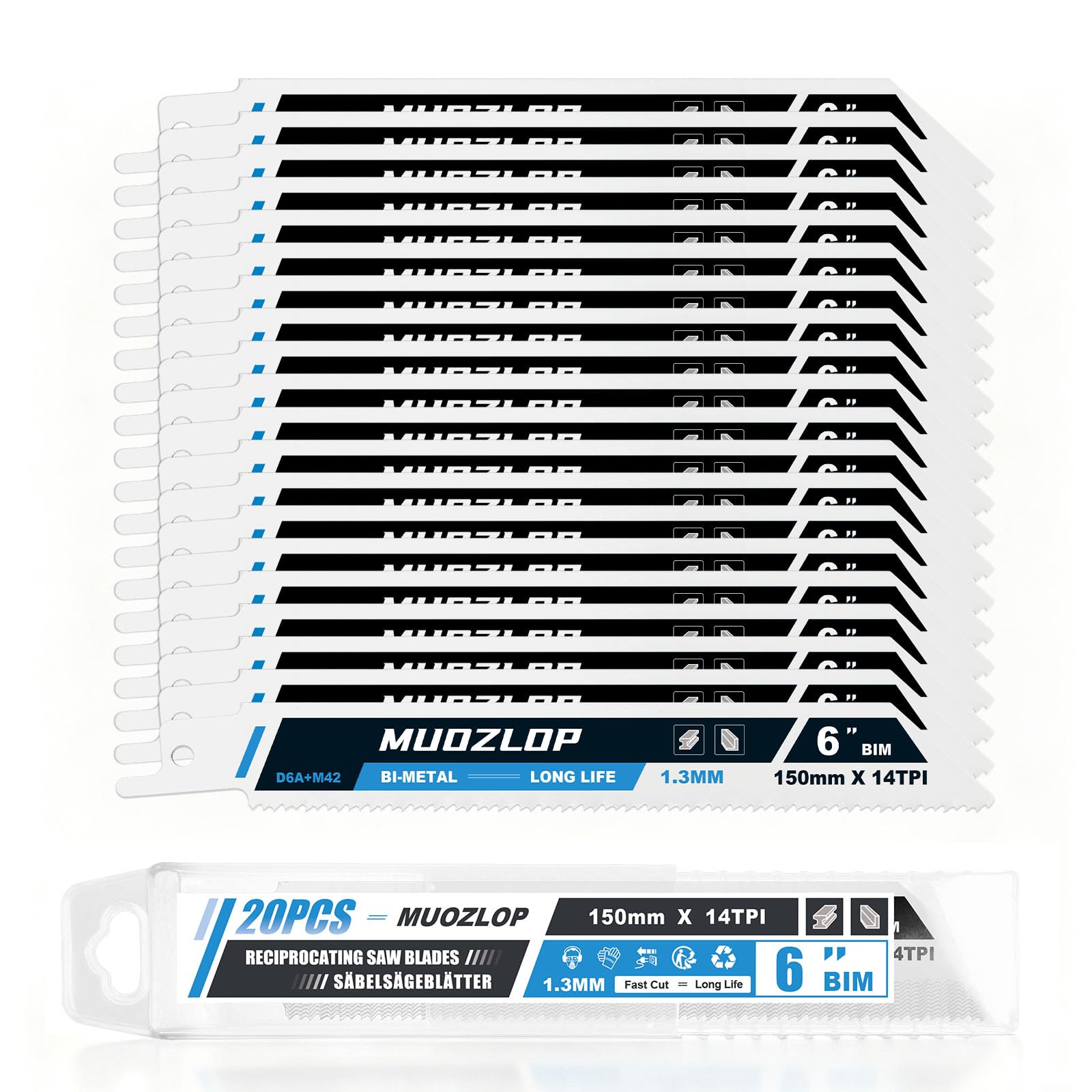 MUOZLOP 14TPI 20Pack 6inch（150mm) High Carbon Reciprocating Saw Blades Set — image 1