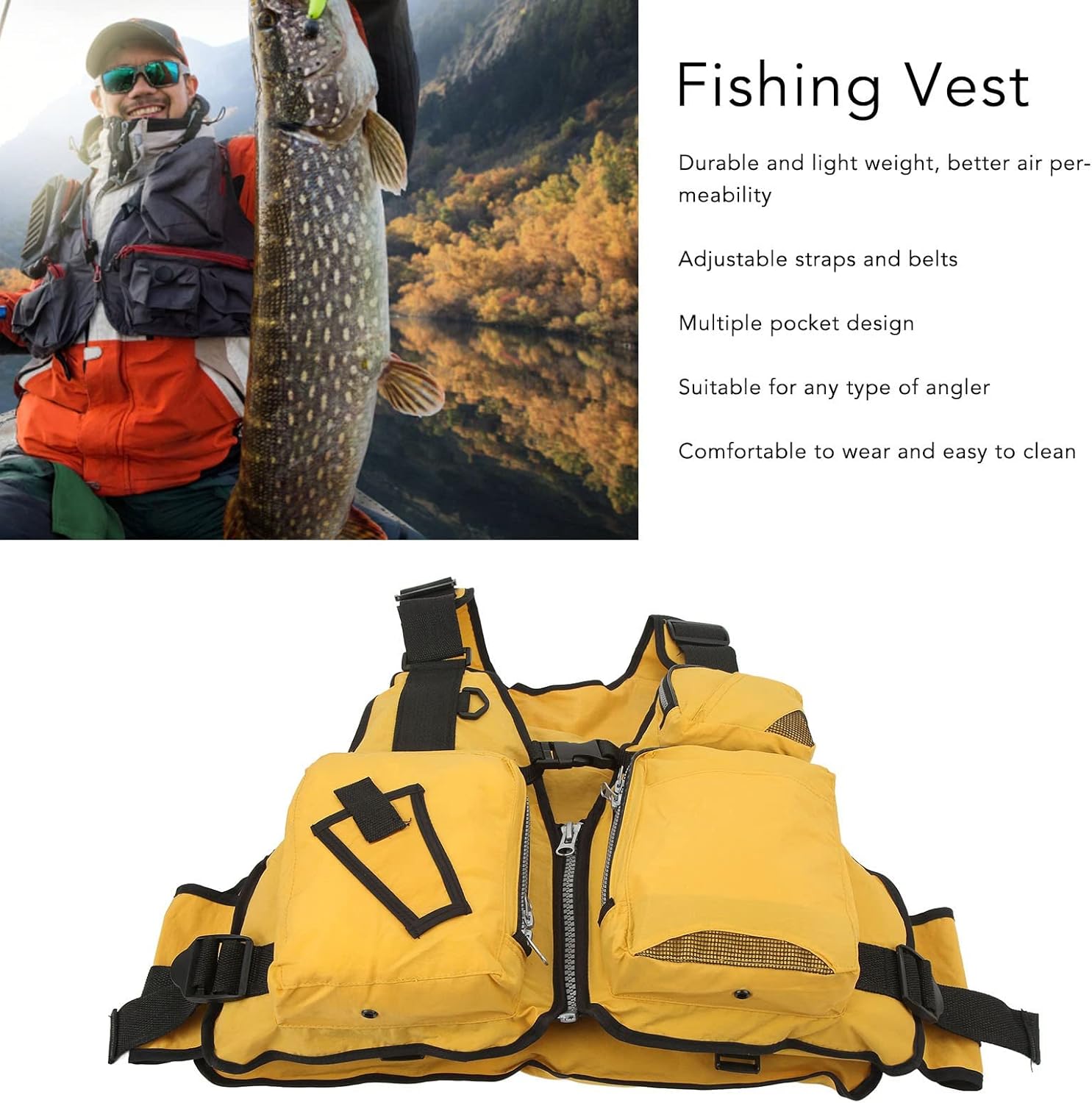 Adjustable Size Mesh Fishing Backpack, Lightweight Breathable Fly Fishing Vest, Multi-Pocket Fishing Gear Holder, Suitable for All Anglers, Yellow Fishing Vest 5 715DdTYKQFL. AC SL1500