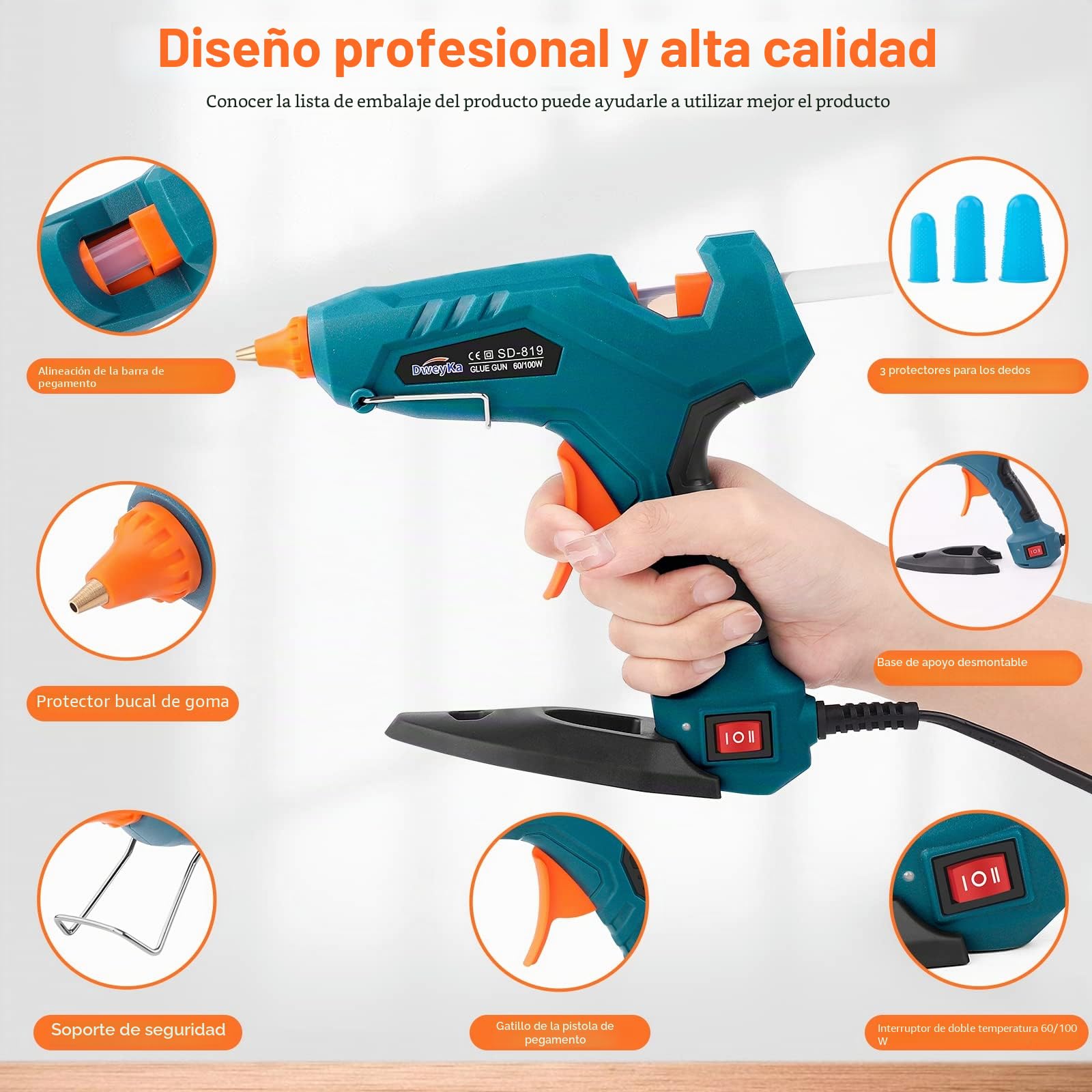 Pistola Silicona Caliente 60 / 100W Doble Temperatura, Barras de Pegamento de 11mm, para Arte, Empaques, Reparaciones y en el hogar, Oficina y Escuela