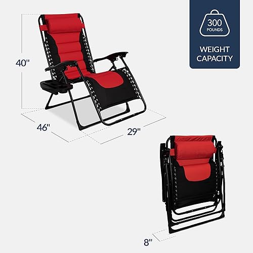 Miniatura 3 de Best Choice Products - Sillón acolchado Zero Gravity XL, reclinable, plegable, para exteriores, antigravedad, con reposacabezas, portavasos, bandeja