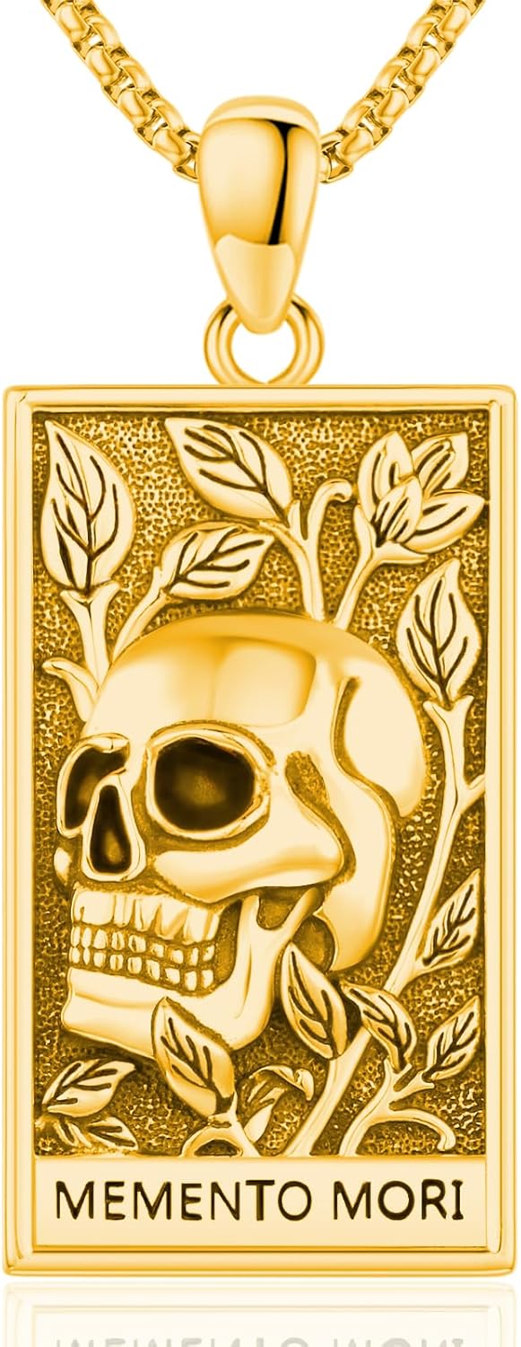 Eusense La Santa Muerte Necklace for Men Women Sterling Silver 925 Gold 14K 18K Skull Memento Mori Necklaces Pendant Grim Reaper Skull Jewelry
